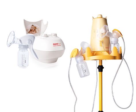 mamivac hospital breastpumps Sensitive-CFH on mobile stand, electric breastpump Lactive and Easy manual breastpump next to it